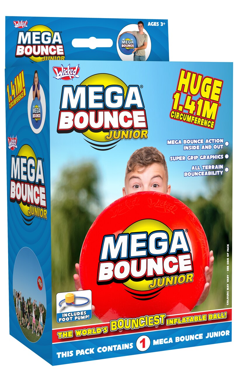 Wicked Mega Bounce Junior - The World's Bounciest Inflatable Ball! Large Bounce Ball For Almost All Terrain Bounceability! Super Grip Graphics Outdoor Exercise Ball To Throw & Catch Incredibly Easy. Blue or Red
